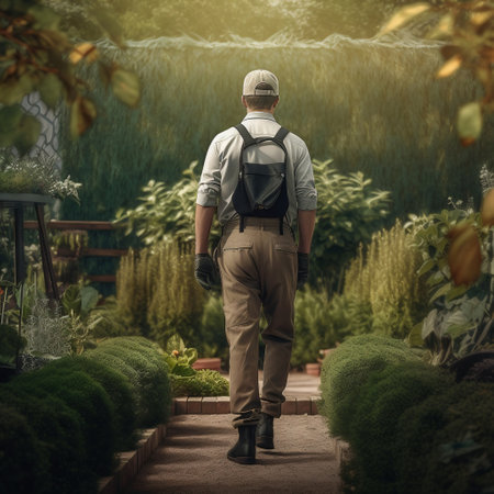 Back view of a male gardener walking in the garden with a backpack.の素材
