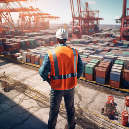 Portrait of a male engineer in a hardhat and reflective vest standing on the background of the container terminal.の素材