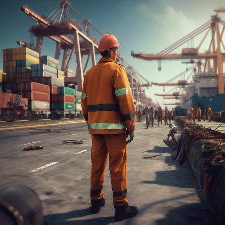 Industrial worker wearing safety hardhat working in cargo port with container cargo freight ship for Logistic Import Export background.の素材