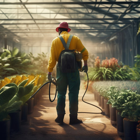 Worker spraying pesticide on plants in greenhouse. Gardening concept.の素材