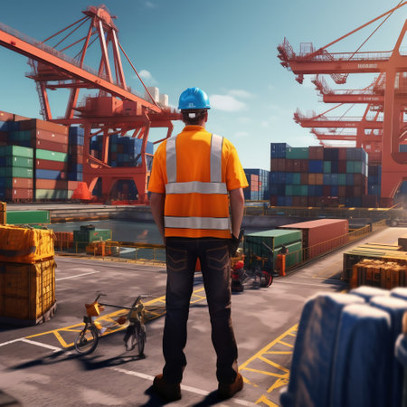 Foreman in safety helmet and reflective vest standing in front of container terminal, freight transportation and logistics conceptの素材