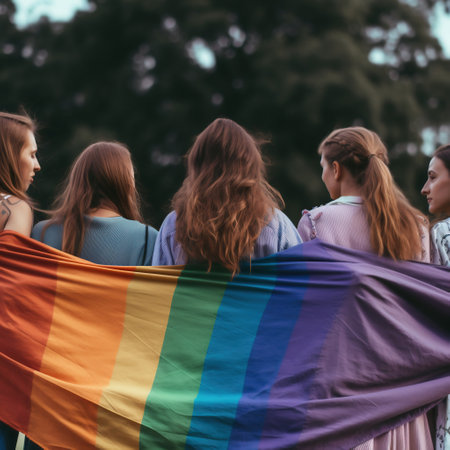 back view of multicultural women holding rainbow flags and looking at each otherの素材
