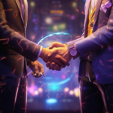 Business handshake on the background of the night city. Business people shaking hands.の素材