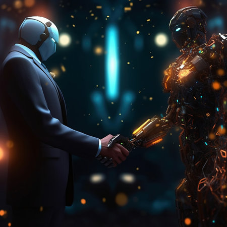 3D rendering of a robot handshake with a businessman on a futuristic backgroundの素材