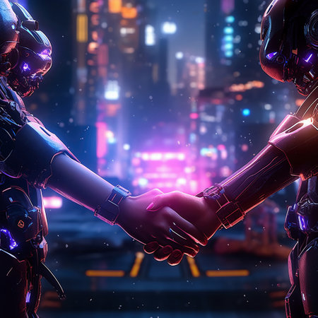 Two cyborg shaking hands with each other in front of night cityの素材
