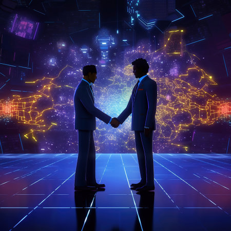 3d rendering of two businessmen shaking hands in front of a futuristic backgroundの素材