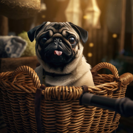 Cute pug dog sitting in a basket and looking at cameraの素材