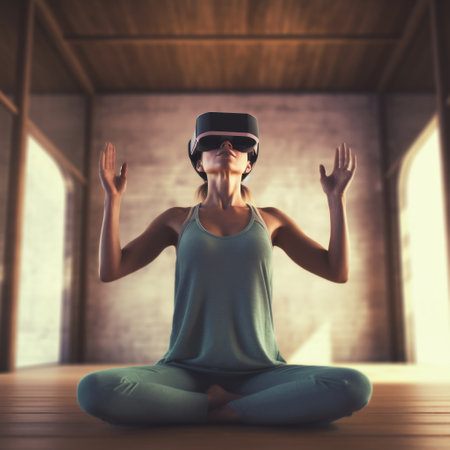 Young woman wearing virtual reality headset while meditating in yoga studio. Toned imageの素材