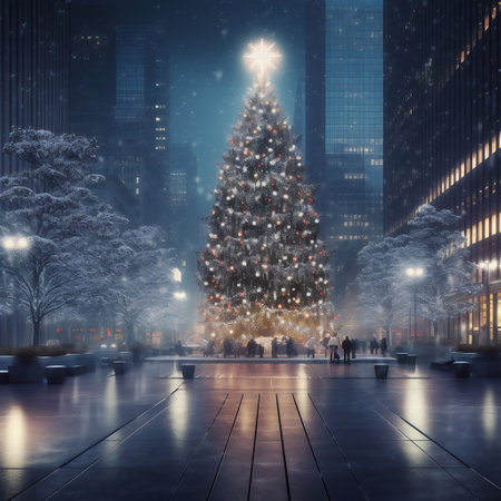 Christmas tree in the city at night. 3D rendering and illustration.の素材