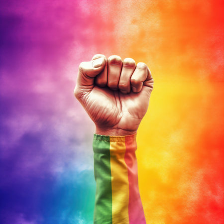 Close up of raised fist with LGBT rainbow flag on colorful sky backgroundの素材