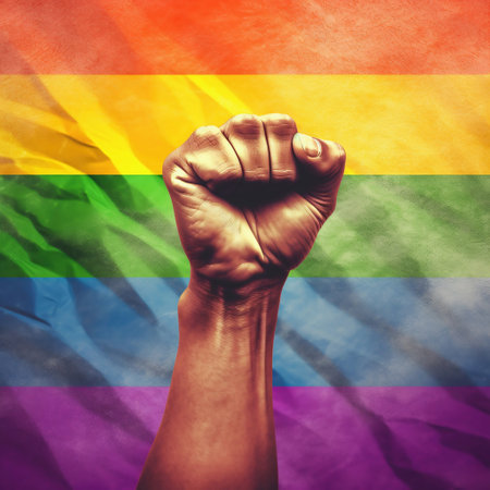 Low key image of a man's fist raised in front of a rainbow flagの素材