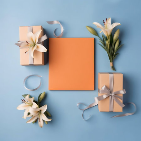 Flat lay composition with lilies and gift boxes on color backgroundの素材