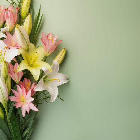 Bouquet of lily flowers on green background with copy spaceの素材