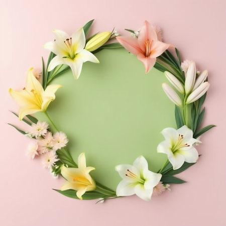 Flowers composition. Wreath made of lily flowers on pastel pink background. Flat lay, top view, copy spaceの素材