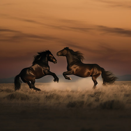 Two horses running gallop in the field at sunset, 3d renderの素材