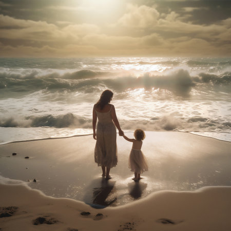 Mother and daughter walking on the beach at sunset. Concept of friendly family.の素材