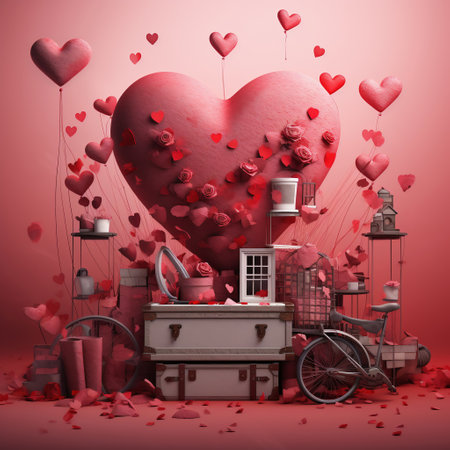 3d illustration of Valentine's Day background with gift boxes, hearts and bicycleの素材