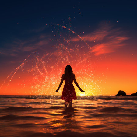 Silhouette of a little girl in the sea at sunset.の素材
