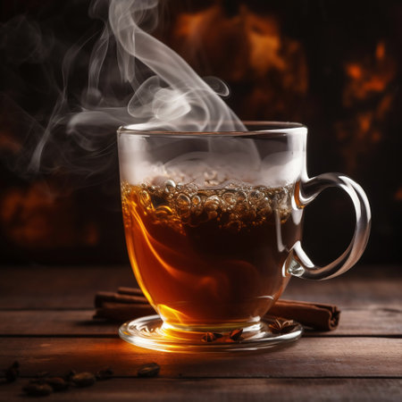 Cup of hot tea with cinnamon and anise on wooden backgroundの素材