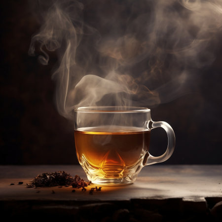 Cup of hot tea with steam on wooden table over dark backgroundの素材