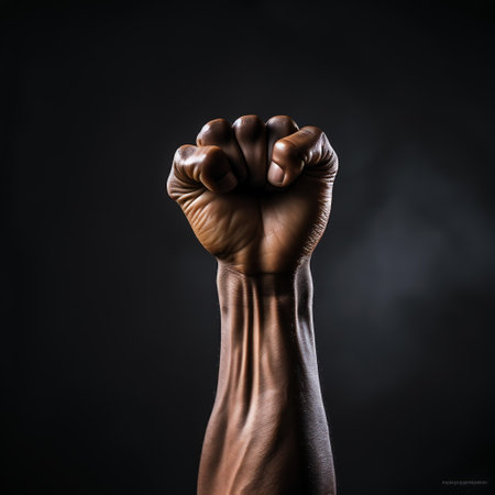 Close up of raised fist on dark background. Black lives matter concept.の素材
