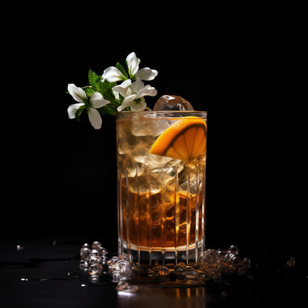 Cocktail with ice, orange and mint on a black backgroundの素材