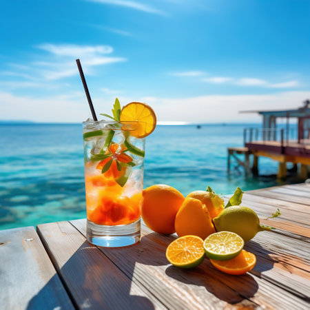 Refreshing summer drink with lemon and orange on the beach.の素材