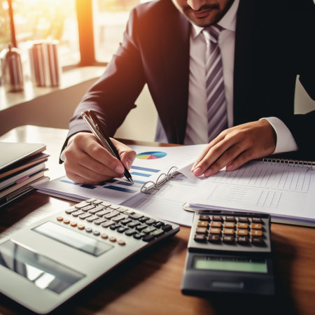 Businessman analyzing investment charts with calculator and laptop. Accounting concept.の素材
