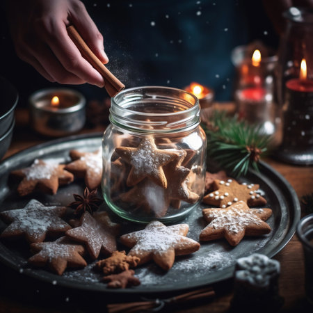 Cookies in the shape of stars in glass jar on a wooden tableの素材