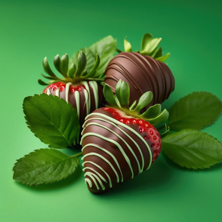 strawberry chocolate candies on green background, food closeupの素材