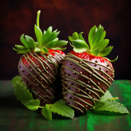 Strawberry covered with chocolate glazerated with fresh strawberries and mint leaves on dark wooden backgroundの素材
