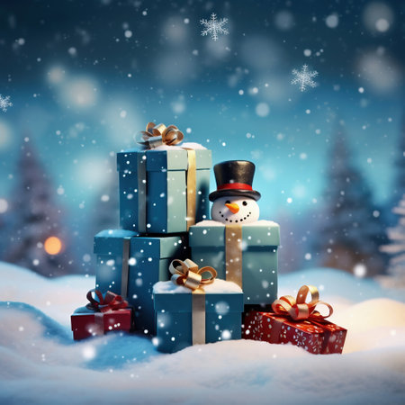 Snowman and gift boxes in the winter forest. Christmas background.の素材