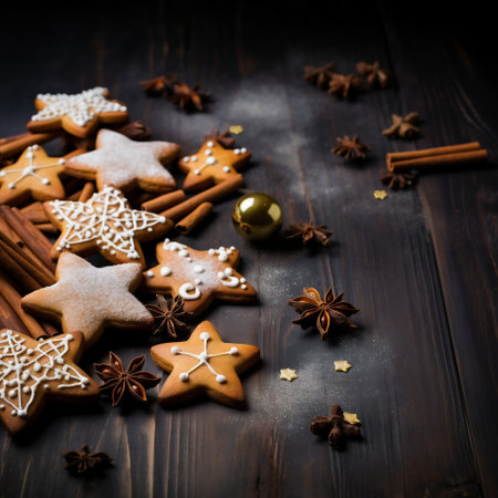 Christmas gingerbread cookies and spices on dark wooden background, copy spaceの素材