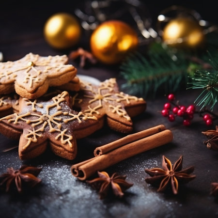 Christmas gingerbread cookies with spices and Christmas tree branches on dark backgroundの素材