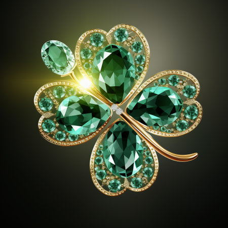 Golden brooch with green emeralds on a black background.の素材