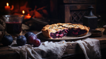 Homemade plum pie on a rustic wooden table with plumsの素材