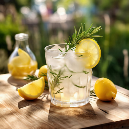 Glass of lemonade with rosemary and lemon on wooden table outdoorsの素材