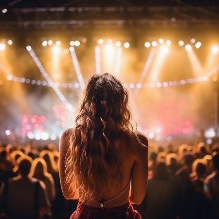Back view of a girl in a red dress standing in front of a concert stage.の素材