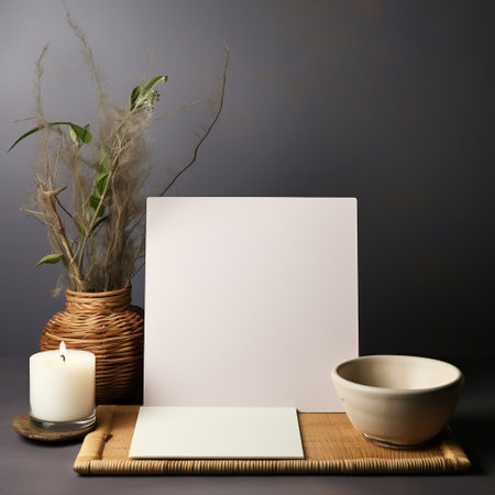 Blank paper on a bamboo placemat. Mock up.の素材