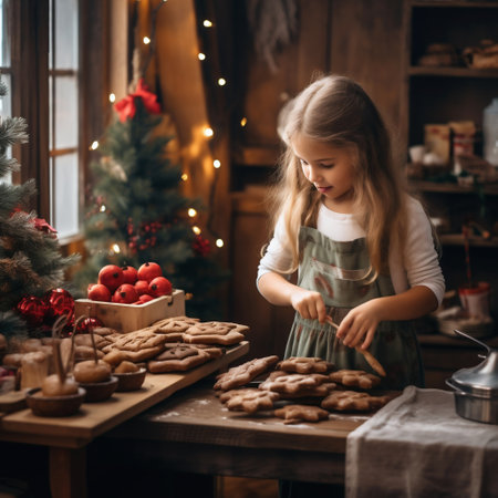 Little girl making gingerbread cookies in Christmas decorated kitchen at homeの素材