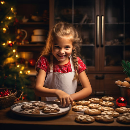 Cute little girl baking cookies in the kitchen at Christmas time.の素材