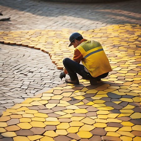 Worker at construction site. Workers working on the cobblestone pavementの素材