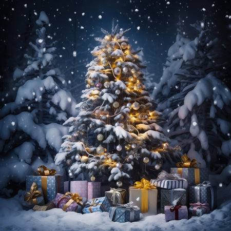 Christmas tree with gifts in the winter forest. 3d rendering.の素材