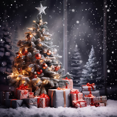 Decorated Christmas tree with gifts in the snow. 3d renderingの素材