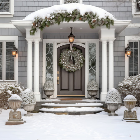 Snowy front door of home with Christmas wreath and lanternsの素材