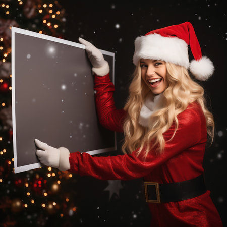 beautiful young woman in santa claus clothes holding blank boardの素材