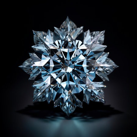 Shiny diamond on black background. 3d rendering. Computer digital drawing. Snowflakeの素材