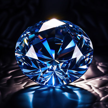 Blue diamond on a black background, close-up. 3d renderingの素材