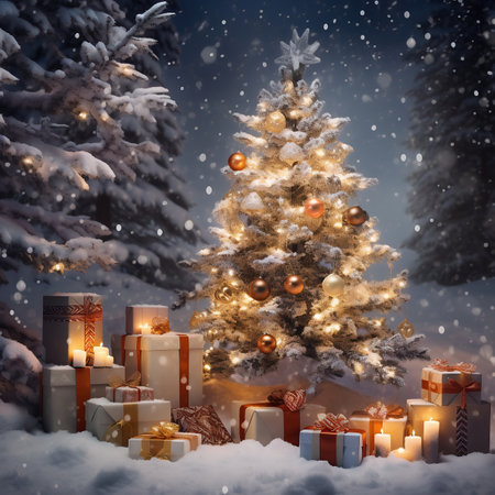 Christmas tree with candles and gifts in the snow, 3d illustrationの素材