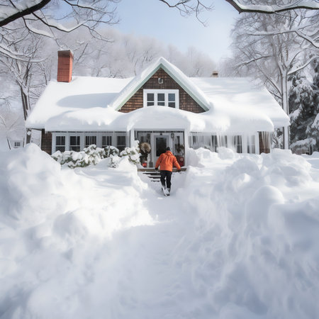 Man and woman standing on the porch of the house covered with snowの素材